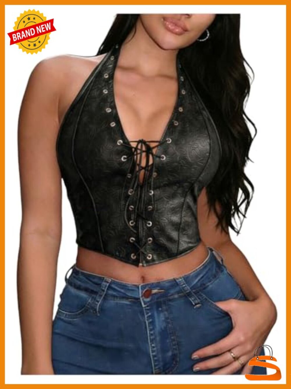 PU Leather Halter Neck Crop Tank Top Backless Asymmetrical Hem